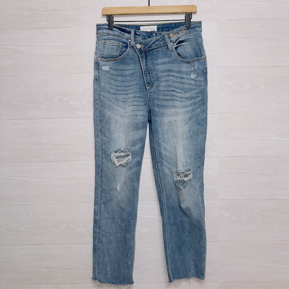 Risen Jeans Women's Crossover Light Wash High Waisted Straight Leg Ankle Jeans